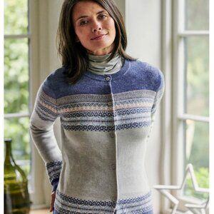 WoolOvers Fair Isle Cardigan 100% Merino Wool Blue Pink Size XL Winter Nordic